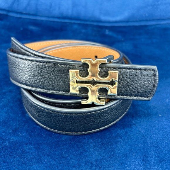 Tory Burch Accessories - 2 in 1 Tory Burch Reversible Leather Belt Black Cognac Gold Logo Buckle 1 Inch